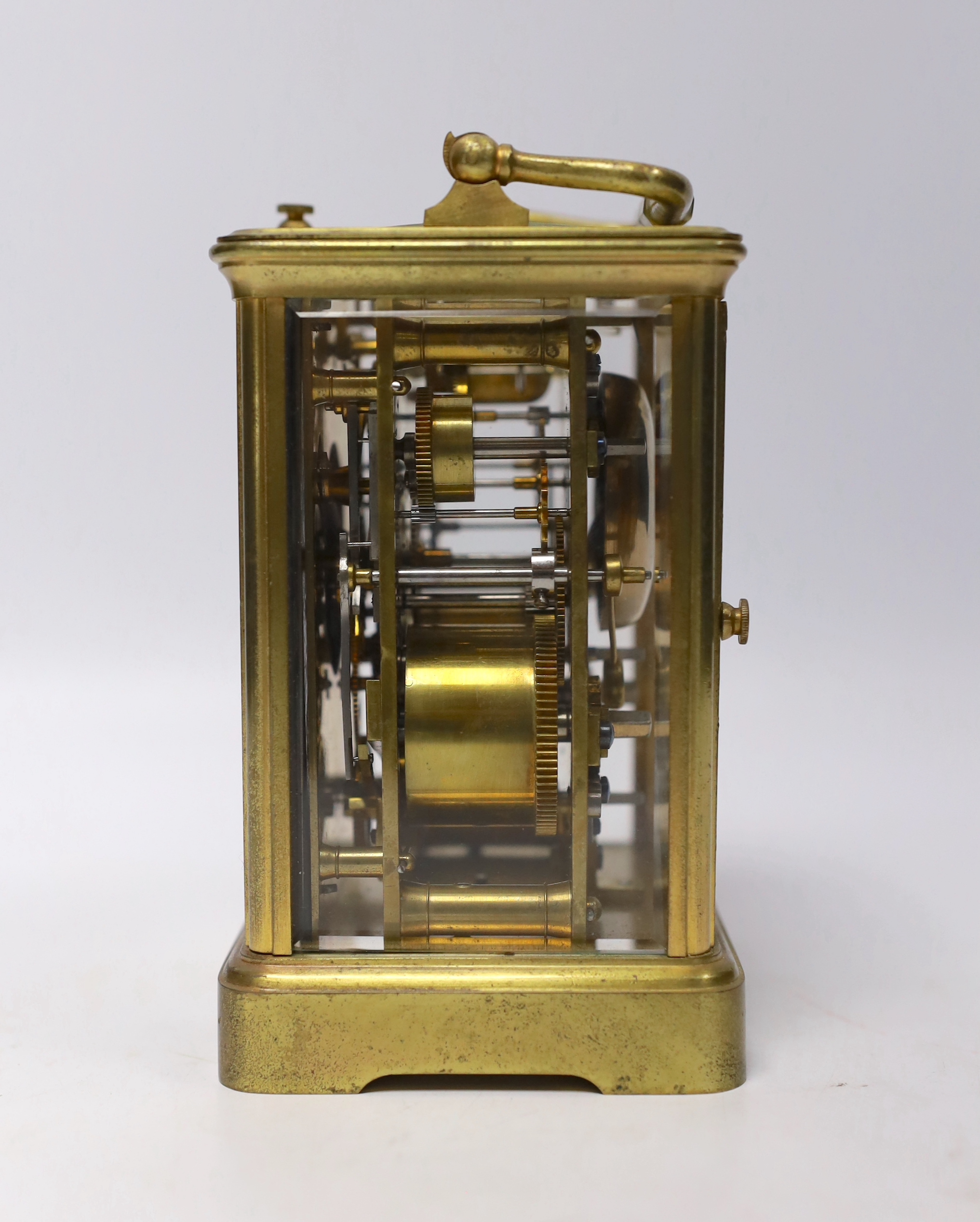 A late 19th century French brass repeating carriage clock, with alarm, 14.5cm high (handle down)